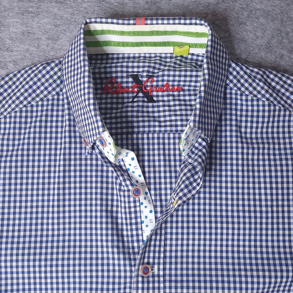 ROBERT GRAHAM Blue Gingham Check Tailored Fit Long Sleeve Flip Cuff Shirt Small